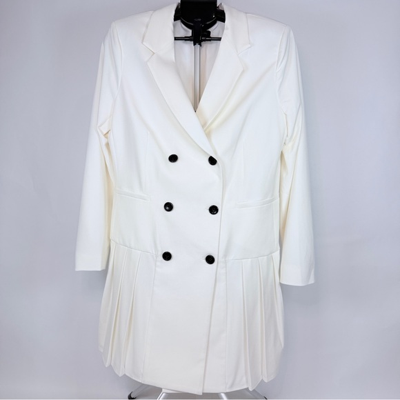 Tahari ASL Women Size 12 White Cream Double Breasted Pleated Mini Blazer Dress - Picture 2 of 10